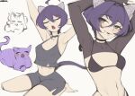 1girl animal_ears barefoot black_bra black_shorts black_tank_top bra breasts cat_ears cleavage freckles grey_eyes hair_between_eyes highres indie_virtual_youtuber jean_faymas_(vtuber) mechanical_ears multiple_views nadirequinox navel open_mouth purple_hair short_hair shorts small_breasts tank_top underwear vershion virtual_youtuber 