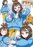  1girl 9ma_(9matohibari) absurdres blue_hoodie blush brown_eyes brown_hair choker closed_eyes closed_mouth emolga highres holding holding_poke_ball hood hoodie lida_(pokemon) looking_at_viewer medium_hair open_mouth poke_ball pokemon pokemon_(creature) pokemon_legends:_z-a smile solo staryu white_choker 