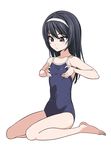  bare_shoulders black_hair blue_swimsuit blush breast_conscious brown_eyes collarbone competition_school_swimsuit flat_chest frown girls_und_panzer hairband highres hiroyuki long_hair looking_at_breasts one-piece_swimsuit reizei_mako school_swimsuit shiny shiny_hair simple_background sitting solo swimsuit wariza white_background white_hairband 