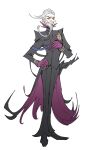  1boy arknights black_coat black_pants coat commentary_request evil_smile facial_hair flipped_hair fremont_(arknights) full_body gloves goatee grey_hair hand_on_own_chest hand_on_own_hip highres horn/wood long_nose long_sleeves looking_to_the_side male_focus multicolored_coat narrowed_eyes old old_man orange_eyes pants ponytail purple_coat purple_gloves short_hair sketch smile solo tailcoat two-tone_coat white_background wrinkled_skin 