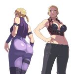  absurdres animal_print ass baka_guruo blonde_hair blue_eyes breasts hand_on_hip highres leopard_print long_hair looking_at_viewer medium_breasts midriff navel nina_williams pout solo tekken tekken_3 thighs transparent_background 