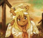  1girl blonde_hair commentary cosplay deer_girl deltarune english_commentary freckles furry haibane_renmei halo headband noelle_holiday outdoors rakka_(haibane_renmei) rakka_(haibane_renmei)_(cosplay) solo summerof2007 upper_body utdr_(toby_fox) white_headband wings 