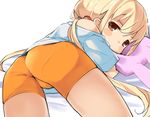  ass bike_shorts blonde_hair blush_stickers brown_eyes commentary_request from_behind futaba_anzu idolmaster idolmaster_cinderella_girls long_hair looking_at_viewer looking_back low_twintails lying mirakichi on_stomach panties_under_bike_shorts pantylines shirt solo stuffed_animal stuffed_bunny stuffed_toy t-shirt twintails 