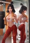  1girl absurdres artist_name ass black_hair blondynkitezgraja breasts brown_eyes character_request cleavage commentary disney east_asian english_commentary highres lips looking_at_viewer medium_breasts medium_hair midriff mirror multiple_views navel pants reflection shiny_skin short_hair signature sports_bra sweat tight_clothes tight_pants toned towel towel_around_neck watermark web_address white_sports_bra yoga_pants 