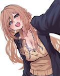  1girl absurdres black_jacket blazer blue_eyes blue_ribbon breasts brown_hair brown_sweater_vest cleavage collarbone gakuen_idolmaster gogogo_(gogogorx) hatsuboshi_gakuen_school_uniform highres himesaki_rinami idolmaster jacket large_breasts long_hair long_sleeves looking_at_viewer loose_neck_ribbon neck_ribbon open_clothes open_jacket open_mouth ribbon school_uniform shirt simple_background smile solo sweater_vest upper_body white_background white_shirt 