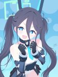  1girl absurdres aqua_halo aris_(armed)_(blue_archive) aris_(blue_archive) bare_shoulders black_hair blue_archive blue_eyes blue_necktie gloves hair_between_eyes halo headgear highres leotard long_hair long_hair_between_eyes looking_at_viewer mecha_musume mechanical_wings multicolored_leotard necktie official_alternate_costume open_mouth rectangular_halo ringed_eyes short_necktie showgirl_skirt smile sophine-twilight twintails very_long_hair white_leotard wings 