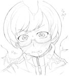  3boys blush cum cum_in_mouth cum_on_clothes facial glasses greyscale henyaan_(oreizm) hetero jacket monochrome multiple_boys multiple_penises out_of_frame penis persona persona_4 satonaka_chie short_hair sketch solo_focus track_jacket 