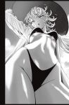  1girl absurdres bikini breasts commentary curly_hair english_commentary from_below greyscale hat highres looking_at_viewer messy_hair monochrome mostlybluewyatt navel one-punch_man see-through_clothes see-through_shirt shirt small_breasts solo string_bikini sun_hat swimsuit tatsumaki 