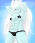  abs armpits bloodcifer blue_skin breasts clenched_teeth clothed clothing demon female grin hair horn humanoid muscular muscular_female not_furry pointy_ears solo teeth 