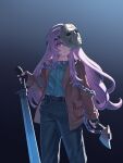  1girl alternate_costume axe black_gloves blue_pants blue_shirt brown_jacket chinese_commentary closed_mouth collared_shirt commentary_request cosplay expressionless fingerless_gloves friday_the_13th gloves hata_no_kokoro highres hockey_mask holding holding_axe holding_sword holding_weapon jacket jason_voorhees jason_voorhees_(cosplay) long_hair long_sleeves looking_at_viewer mask mask_on_head pants pink_eyes pink_hair s-tea-m shirt solo sword touhou very_long_hair weapon 