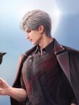  1boy 3d belt bird black_jacket black_shirt blue_background coat coat_on_shoulders collared_shirt crow game_asset grey_hair hand_in_pocket highres jacket jacket_on_shoulders looking_down love_and_deepspace male_focus non-web_source official_art parted_lips profile realistic self-datamine shirt short_hair smile solo sylus_(love_and_deepspace) upper_body white_hair 