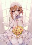  1girl alternate_costume atelier_(series) atelier_ryza atelier_ryza_1 bouquet breasts brown_eyes brown_hair cleavage commentary day dress elbow_gloves english_commentary flower garter_belt gloves highres indoors large_breasts long_hair open_mouth parororo reisalin_stout smile solo sunflower thick_thighs thighhighs thighs wedding_dress white_dress white_gloves white_thighhighs 