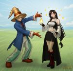  1boy 1girl alternate_costume artist_logo azezazel bare_shoulders black_gloves black_hair black_mage_(final_fantasy) black_skirt blonde_hair blue_coat blue_eyes blue_sky blush boots breasts brown_boots brown_gloves closed_mouth cloud cloud_strife cloudy_sky coat commentary commission crop_top detached_sleeves earrings emphasis_lines english_commentary final_fantasy final_fantasy_vii final_fantasy_vii_remake final_fantasy_vii_revelation fingerless_gloves fire full_body gloves grass hand_on_own_hip hat highres jewelry large_breasts lips logo long_hair looking_at_viewer low-tied_long_hair magic meme midriff miniskirt navel official_alternate_costume open_clothes open_coat open_hands outdoors outstretched_arms pants pink_lips pyrokinesis red_boots red_eyes signature skirt sky smile sparkle spiked_hair standing striped_clothes striped_pants ta-da_pose tifa_lockhart tifa_lockhart_(black_mage) twitter_username vertical-striped_clothes vertical-striped_pants waist_cape white_sleeves wide_sleeves will_smith:_tada_(meme) wizard_hat 