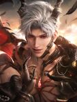  1boy 3d armor black_feathers black_gloves black_horns black_wings bracelet chain chest_tattoo claw_ring demon_horns demon_wings falling_feathers feathers game_asset gem glint gloves highres horns jewelry lips looking_at_viewer love_and_deepspace male_focus non-web_source official_art parted_bangs pectorals realistic red_eyes red_gem ring self-datamine short_hair smile solo sunset sylus_(abyssal_sovereign)_(love_and_deepspace) sylus_(love_and_deepspace) tattoo white_hair wings 