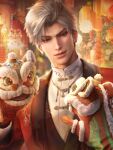  1boy 3d blurry blurry_background chinese_clothes chinese_new_year closed_mouth dragon eastern_dragon game_asset hand_puppet head_tilt highres jacket jewelry lantern lips long_sleeves looking_at_viewer love_and_deepspace male_focus necklace non-web_source official_art paper_lantern parted_lips puppet red_eyes red_jacket self-datamine shirt short_hair smile solo sylus_(love_and_deepspace) upper_body white_hair white_shirt 