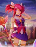  absurdres ahoge alternate_costume baron_nashor bow choker elbow_gloves gloves groin highres holding holding_wand league_of_legends luxanna_crownguard magical_girl miniskirt parted_lips pink_hair pleated_skirt purple_bow purple_choker purple_skirt skirt sonikey0_0 standing star star-shaped_pupils star_guardian_lux symbol-shaped_pupils thighhighs thighs wand white_gloves white_legwear wind 