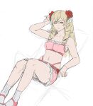  1girl alternate_costume arm_up armpits artist_name bare_arms bare_legs bare_shoulders bikini blonde_hair bow breasts closed_mouth collarbone confused drill_hair fire_emblem fire_emblem_awakening frilled_bikini frills green_bow hair_bow hair_ornament long_hair looking_at_viewer lynarc maribelle_(fire_emblem) medium_breasts navel pink_bikini pink_sandals raised_eyebrow ringlets sandals sitting socks solo stomach swimsuit white_background white_socks yellow_eyes 