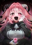 +_+ 1girl absurdres asymmetrical_horns bell black_bow black_eyes black_horns black_mouth black_saliva black_shirt black_skirt blush bow breasts commentary cross cross_print cup femme_soule gloves grey_horns hair_intakes hand_on_own_cheek hand_on_own_face heart heart_in_eye highres holding holding_cup horns inverted_cross inverted_cross_print jingle_bell large_breasts long_hair long_sleeves looking_at_viewer mismatched_horns mismatched_pupils multicolored_hair neck_bell neco1mi open_mouth pink_eyes pink_hair pink_liquid pukey_goddess_shot_trick shirt skirt smile solo streaked_hair symbol_in_eye two-tone_hair white_gloves white_hair 