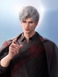  1boy 3d black_jacket black_shirt blue_background closed_mouth collared_shirt earrings game_asset grey_hair highres holding jacket jacket_on_shoulders jewelry lips long_sleeves looking_at_viewer love_and_deepspace male_focus manly non-web_source official_art pocket_watch realistic red_eyes self-datamine shirt short_hair solo sylus_(love_and_deepspace) upper_body watch white_hair 
