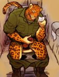  anthro balls bathroom belt charr_(maririn) clothed clothing erection fatigues feline leopard male mammal maririn masturbation muscular pants pants_down paper partially_clothed penile_masturbation penis solo stall toilet toilet_paper 