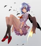  alternate_costume arms_at_sides ascot bat bat_wings black_legwear blue_hair closed_mouth commentary_request dress from_side full_body houdukixx looking_to_the_side no_hat no_headwear puffy_sleeves red_eyes red_footwear remilia_scarlet shoes short_dress short_hair smile socks solo touhou white_dress wings wristband 
