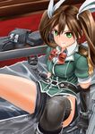  abazu-red arm_support asymmetrical_legwear bow brown_hair dress elbow_gloves gloves green_eyes hair_between_eyes hair_ribbon highres kantai_collection leaning_back long_hair machinery no_panties pelvic_curtain red_bow remodel_(kantai_collection) ribbon short_dress side_slit single_elbow_glove single_glove single_thighhigh sitting solo thighhighs tone_(kantai_collection) turret twintails white_ribbon 