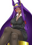  alternate_costume black_legwear blush breast_hold breasts cleavage commentary_request contemporary crossed_legs dark_skin earrings egyptian eyebrows eyebrows_visible_through_hair facial_mark fate/grand_order fate_(series) formal hairband highres hitotsuki_nebura hoop_earrings jewelry large_breasts long_hair looking_at_viewer nitocris_(fate/grand_order) nose_blush pantyhose parted_lips pencil_skirt purple_eyes purple_hair sitting skirt skirt_suit solo suit very_long_hair white_background 