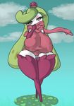  big_breasts breasts eyelashes female flora_fauna green_hair hair huge_breasts nintendo nipple_bulge pink_eyes plant pok&eacute;mon scarf snugundies thick_thighs thigh_gap tsareena video_games wide_hips 