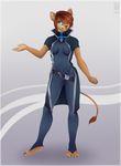  4_toes 5_fingers anthro ashsky barefoot black_lips black_nose blue_eyes breasts brown_hair clothed clothing eyelashes feline female hair lion mammal simple_background smile solo standing toes wide_hips 