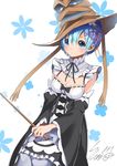  absurdres blue_eyes blue_hair detached_sleeves frilled_sleeves frills hair_ornament harry_potter hat highres maid maid_headdress pantyhose pink_ribbon re:zero_kara_hajimeru_isekai_seikatsu rem_(re:zero) ribbon slumcat solo sorting_hat white_legwear witch_hat x_hair_ornament 