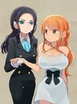 black_hair blue_eyes breasts brown_eyes cleavage dress formal gloves large_breasts long_hair multiple_girls nami_(one_piece) nico_robin one_piece one_piece_film_gold orange_hair suit ukata white_dress white_gloves 