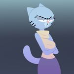  2016 angry anthro blue_fur cartoon_network cat clothed clothing crossed_arms digital_media_(artwork) feline female flutteringpie fur mammal nicole&#039;s_mom simple_background solo the_amazing_world_of_gumball turtleneck whiskers 