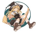  absurdres black_skirt blonde_hair boots broom broom_riding hat highres kirisame_marisa long_hair mukuroi puffy_short_sleeves puffy_sleeves short_sleeves skirt skirt_set solo touhou vest witch_hat yellow_eyes yin_yang 