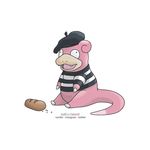  beret bread commentary crumbs food gen_1_pokemon hat joke lazy_eye no_humans open_mouth pokemon pokemon_(creature) shirt slowpoke solo striped striped_shirt tail teeth 