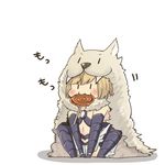  :3 armor berserker_(granblue_fantasy) bethn blonde_hair commentary_request djeeta_(granblue_fantasy) food food_in_mouth gauntlets granblue_fantasy pelt sausage short_hair skewer solo squatting wolf_pelt 