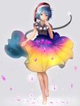  alternate_costume barefoot blue_eyes blue_hair closed_mouth commentary_request doremy_sweet dress full_body gradient_skirt hat houdukixx looking_at_viewer multicolored multicolored_clothes multicolored_skirt nightcap petals pom_pom_(clothes) short_hair short_sleeves skirt skirt_basket smile solo standing tail tapir_tail tiptoes touhou 