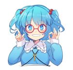  bad_id bad_twitter_id bespectacled blue_eyes blue_hair blue_shirt blush eyebrows eyebrows_visible_through_hair frilled_shirt_collar frills glasses grin hair_bobbles hair_ornament index_finger_raised kawashiro_nitori key long_sleeves looking_at_viewer ok_sign red-framed_eyewear round_eyewear shirt simple_background smile solo tori_(otori) touhou twitter_username two_side_up upper_body white_background 