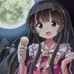  :d black_hair blush bow bowtie brown_eyes bunny commentary_request dress food frilled_shirt_collar frills full_moon hime_cut holding holding_food houraisan_kaguya long_hair long_sleeves looking_at_viewer mochi moon moonlight night open_mouth ryogo sidelocks smile solo touhou upper_body wagashi yellow_bow yellow_neckwear 