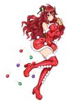  blush boots breasts bridal_gauntlets christmas_ornaments frown full_body fur_trim hair_ornament high_heels highres kisaragi_setsuna kure_masahiro large_breasts long_hair official_art red_eyes red_footwear red_hair red_legwear santa_costume solo thigh_boots thighhighs transparent_background valkyrie_drive valkyrie_drive_-siren- 