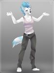  4_toes 5_fingers anthro ashsky barefoot black_lips black_nose blue_eyes blue_hair breasts canine clothed clothing eyebrows eyelashes female fur grey_background hair mammal simple_background solo standing toes white_fur wide_hips 