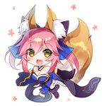  animal_ears asahina_hikage bare_shoulders breasts brown_eyes chibi cleavage commentary fang fate/extra fate_(series) fox_ears fox_tail hair_ribbon large_breasts long_hair looking_at_viewer open_mouth pink_hair ribbon solo tail tamamo_(fate)_(all) tamamo_no_mae_(fate) 