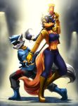  2016 anthro canine carmelita_fox duo female fox gun male mammal mykegreywolf raccoon ranged_weapon sly_cooper sly_cooper_(series) staff video_games weapon 