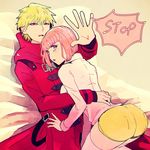  1girl andou_ruruka blonde_hair blue_eyes coat couple danganronpa danganronpa_3 english hetero izayoi_sounosuke long_coat looking_at_viewer outstretched_arm pink_hair red_coat red_eyes short_hair shorts squinting thighhighs white_legwear yellow_shorts yyy246 