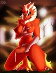  2016 anthro anthrofied areola avian balls big_breasts blaziken blue_eyes breast_fondling breasts claws cum dickgirl english_text feathers fondling hand_on_breast hi_res huge_breasts intersex kneeling masturbation navel nintendo nipples nude pok&eacute;mon pok&eacute;morph red_feathers red_nipples rt001 signature solo text toe_claws video_games white_feathers yellow_feathers yellow_sclera 
