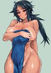  ahoge areola_slip areolae bikini_tan black_hair blush breasts closed_mouth collarbone commentary_request covering covering_breasts cowboy_shot frown green_eyes large_breasts long_hair looking_down low_ponytail nude original skj solo sweat tan tanline thigh_gap tied_hair wide_hips 