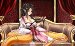  black_hair breasts cleavage clothed clothing dragon_girl fin_ears gold_scales hair jewelry long_hair monster_girl piercing red_eyes sofa 
