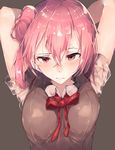  arms_up bad_id bad_pixiv_id bangs bare_arms blush bow bowtie breasts brown_background closed_mouth collared_shirt hair_between_eyes hair_bun highres hplay looking_at_viewer medium_breasts pink_hair red_bow red_eyes red_neckwear shiny shiny_skin shirt short_hair short_sleeves side_ponytail simple_background solo upper_body white_shirt yahari_ore_no_seishun_lovecome_wa_machigatteiru. yuigahama_yui 
