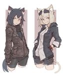  animal_ears bike_shorts black_gloves black_hair black_shirt black_shorts blonde_hair blue_jacket blue_shorts brown_scarf camouflage camouflage_hoodie camouflage_shorts cat_ears cat_girl cat_tail deel_(rkeg) denim denim_shorts dress_shirt ear_piercing eyewear_on_head fingerless_gloves frown gloves hands_in_pockets hood hoodie jacket lisa_(deel) multiple_girls open_clothes open_jacket original piercing ramn red_eyes scarf shirt short_hair shorts sleeve_cuffs smile sunglasses tail undershirt white_shirt wristband yellow_eyes 