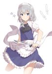  absurdres apron blue_eyes bow braid cropped_legs emushake green_bow grey_hair hair_bow highres holding holding_knife izayoi_sakuya knife looking_at_viewer maid maid_headdress short_hair simple_background smile solo touhou twin_braids white_apron white_background 