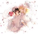  ^_^ alternate_costume arm_up bangs blonde_hair blurry blush bouquet bow bridal_veil bride brown_hair capelet closed_eyes couple depth_of_field dress elbow_gloves flower full_body gloves hair_flower hair_ornament hair_tubes hakurei_reimu happy holding holding_bouquet jewelry kirisame_marisa long_hair looking_at_viewer multiple_girls necklace pink_flower pink_rose piyokichi ponytail red_eyes red_flower red_rose rose see-through shoes sitting sitting_on_lap sitting_on_person smile strapless strapless_dress touhou veil water_drop wedding wedding_dress white_bow white_dress white_flower white_footwear white_gloves white_rose wife_and_wife yuri 